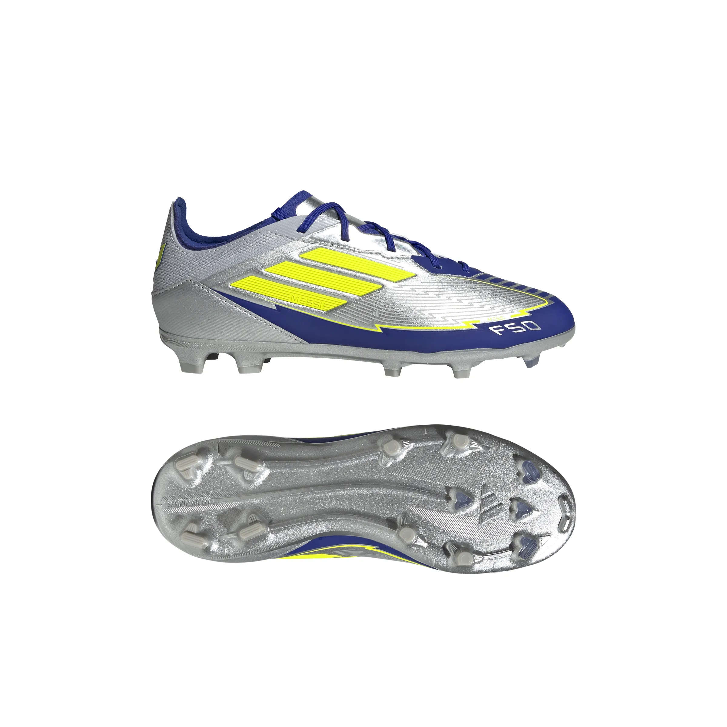 adidas Junior F50 Elite Messi FG Firm Ground Soccer Cleats- Silver Metallic/Solar Yellow/Lucid Blue