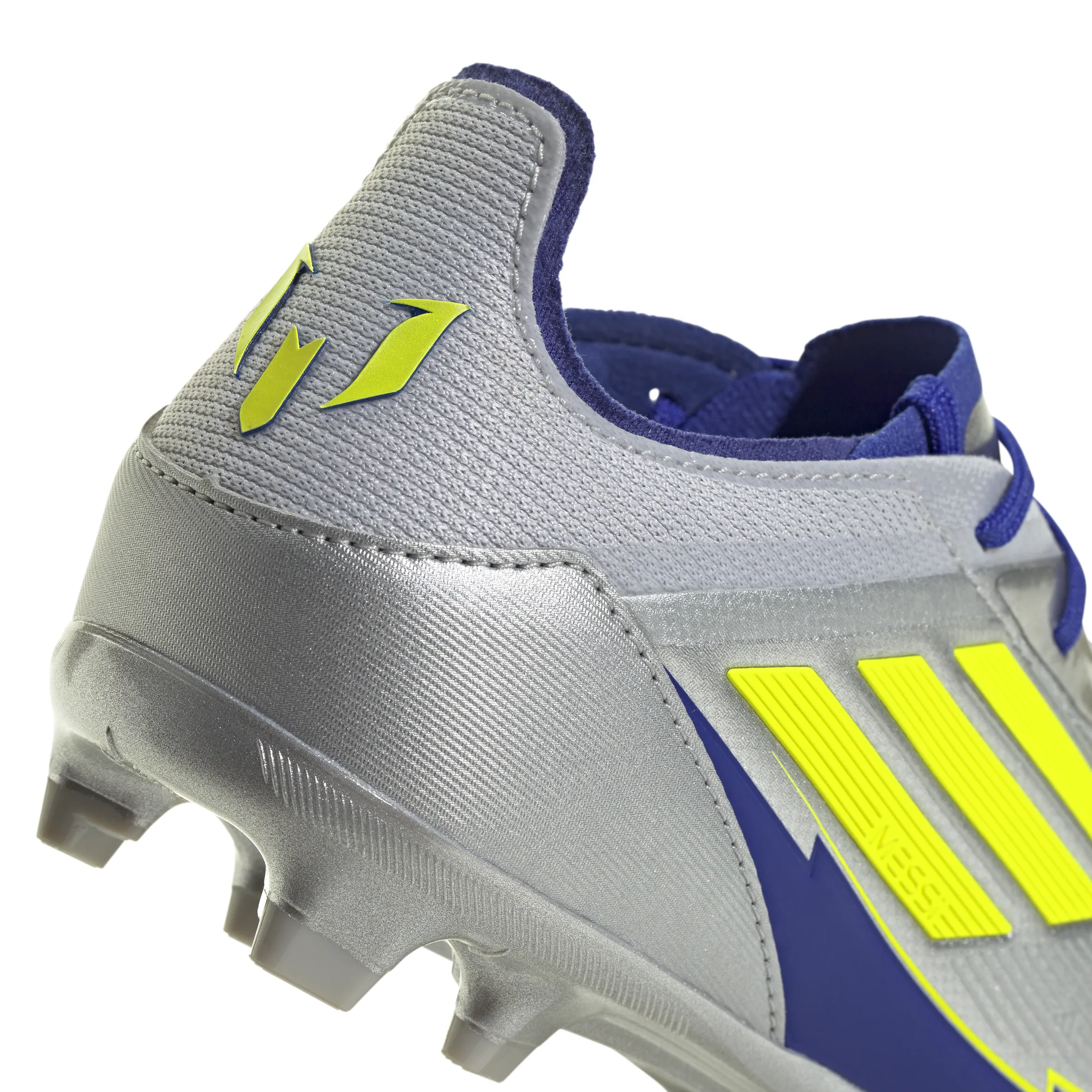 adidas Junior F50 Elite Messi FG Firm Ground Soccer Cleats- Silver Metallic/Solar Yellow/Lucid Blue