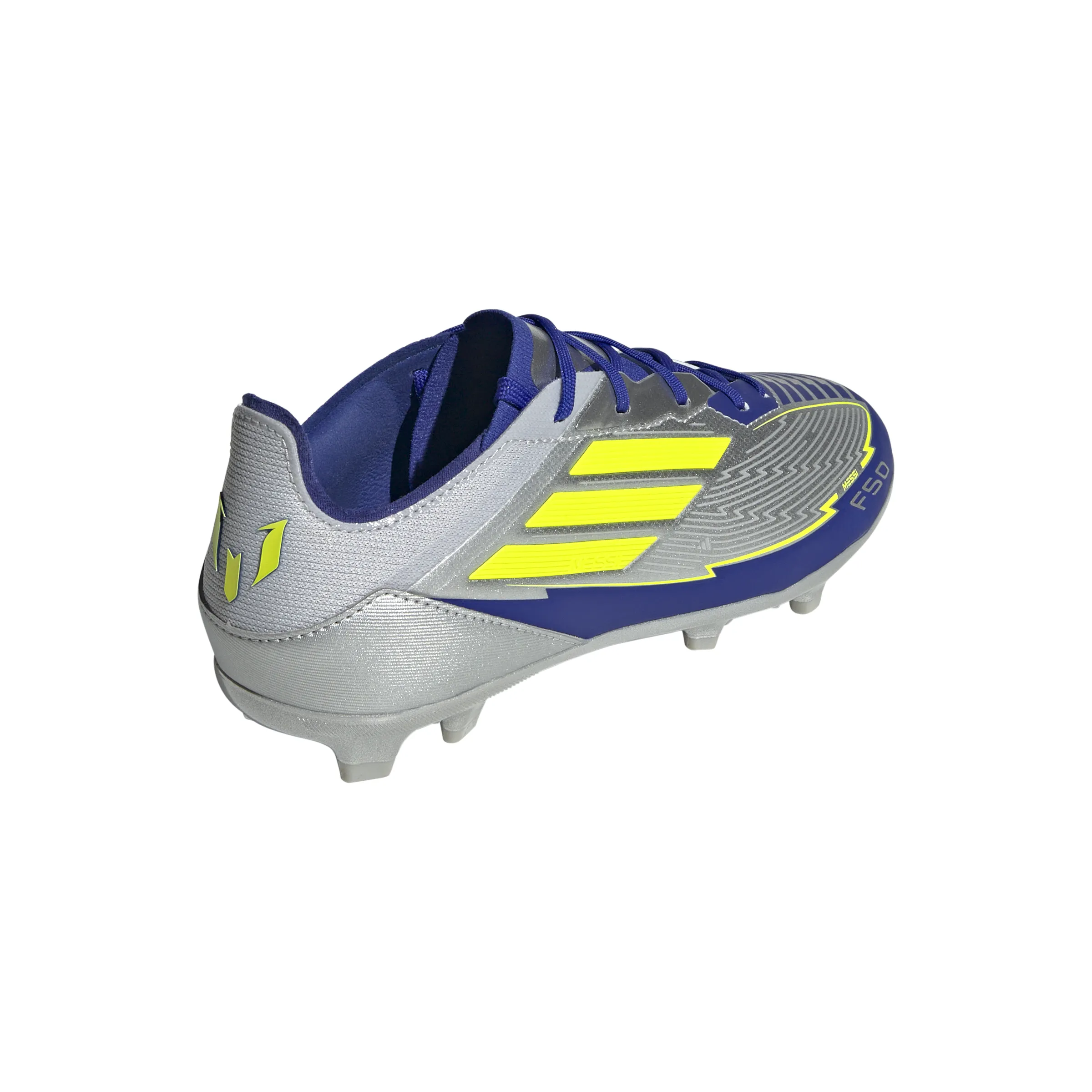 adidas Junior F50 Elite Messi FG Firm Ground Soccer Cleats- Silver Metallic/Solar Yellow/Lucid Blue