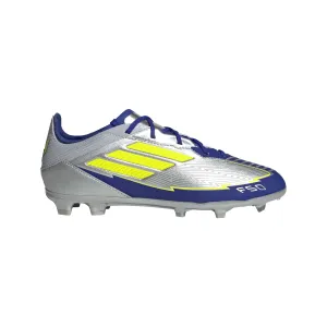 adidas Junior F50 Elite Messi FG Firm Ground Soccer Cleats- Silver Metallic/Solar Yellow/Lucid Blue