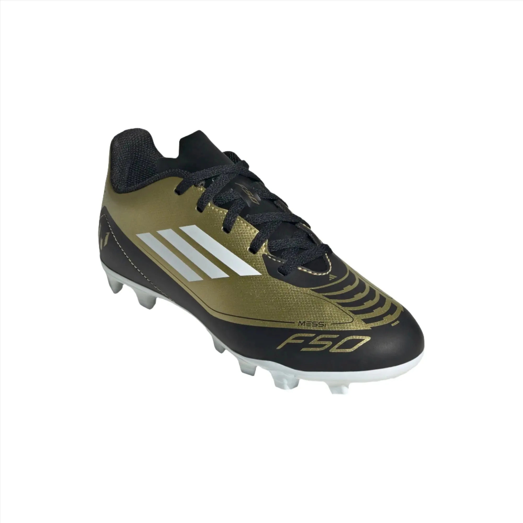 Adidas Junior Firm Ground Football Boot F50 Club J Messi Gold/White/Black