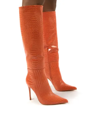 Aimi Orange Croc Knee High Stiletto Heel Boots