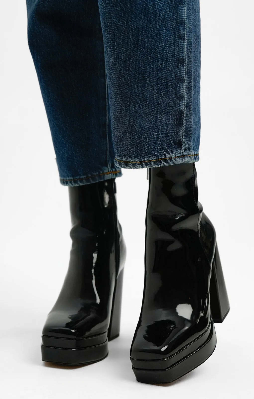 ALDO Mabel Square Toe Platform Heeled Boots In Black Patent