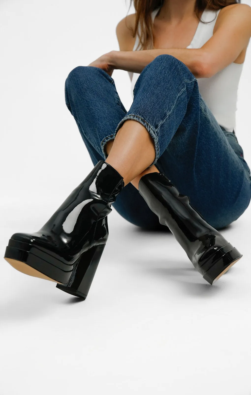 ALDO Mabel Square Toe Platform Heeled Boots In Black Patent