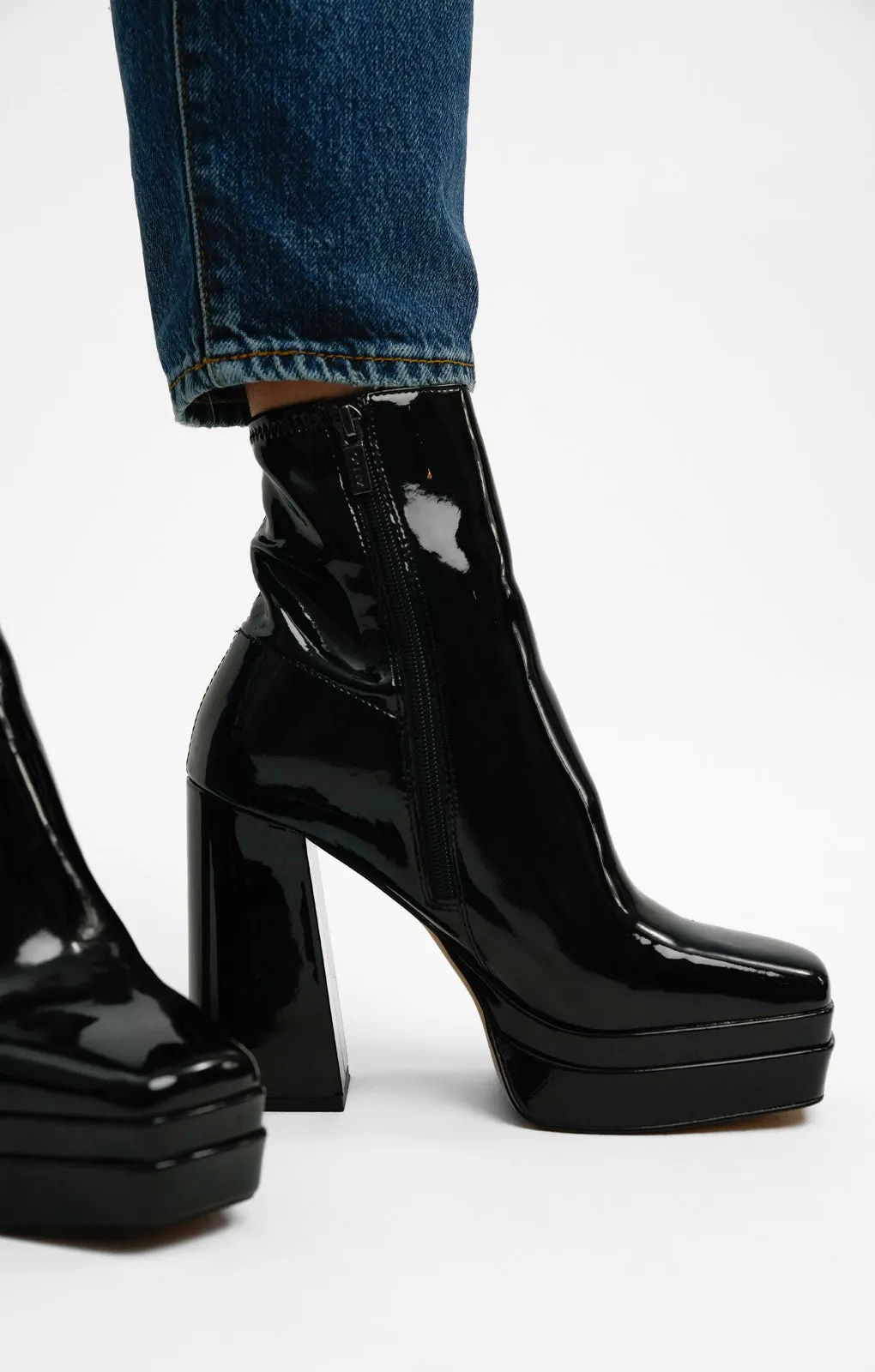 ALDO Mabel Square Toe Platform Heeled Boots In Black Patent