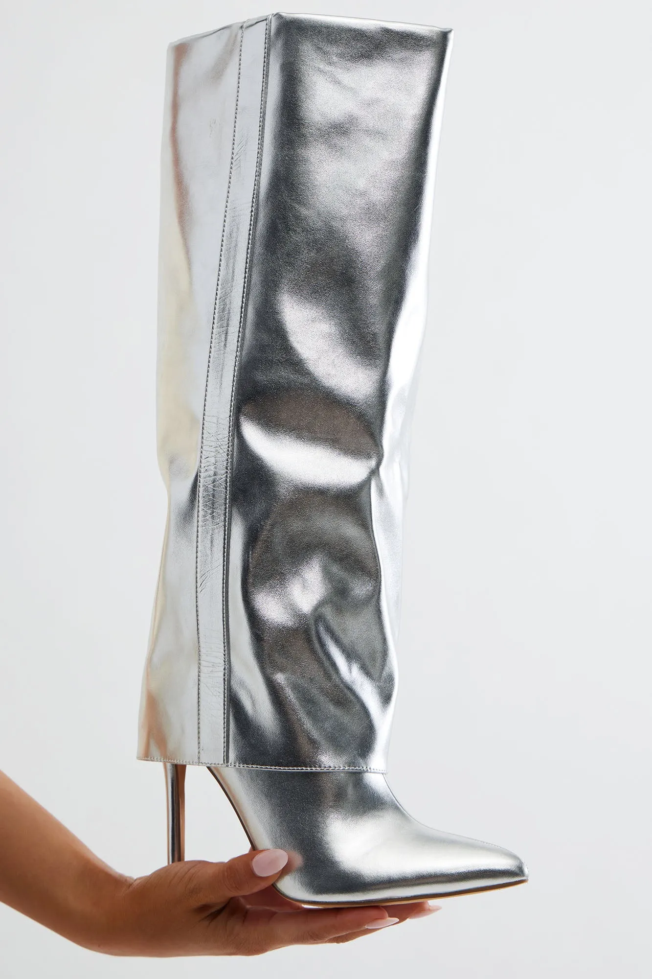 Always A Baddie Knee High Heeled Boots - Silver