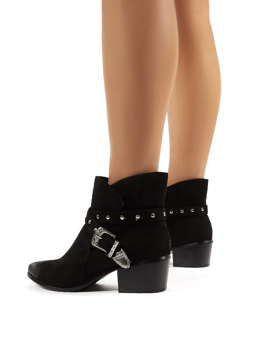 Amber Black Faux Suede Western Ankle Boots