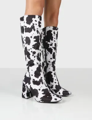 Apology Mono Cow Print Knee High Block Heel Boots