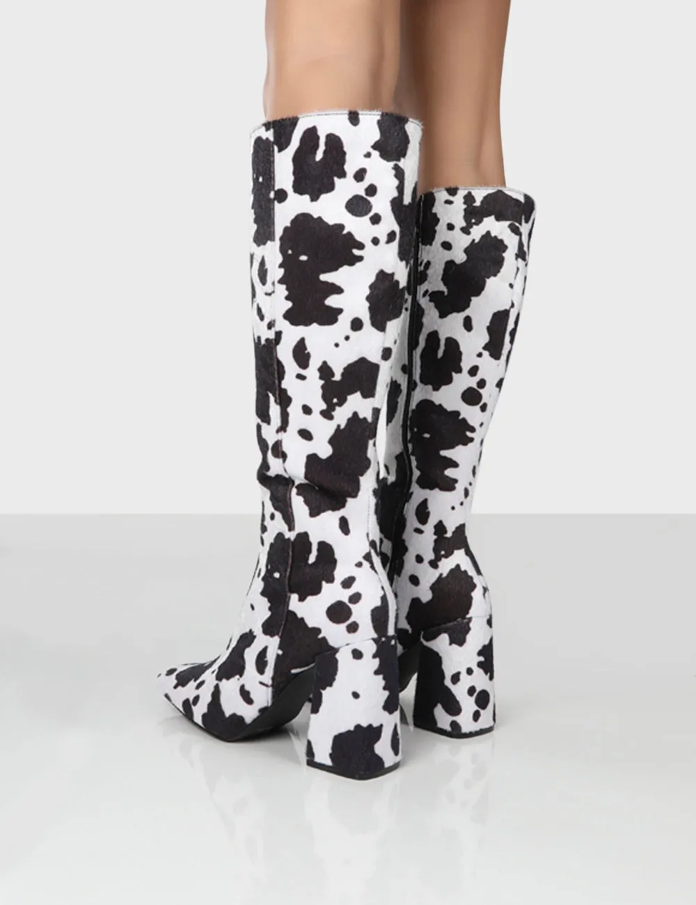 Apology Mono Cow Print Knee High Block Heel Boots