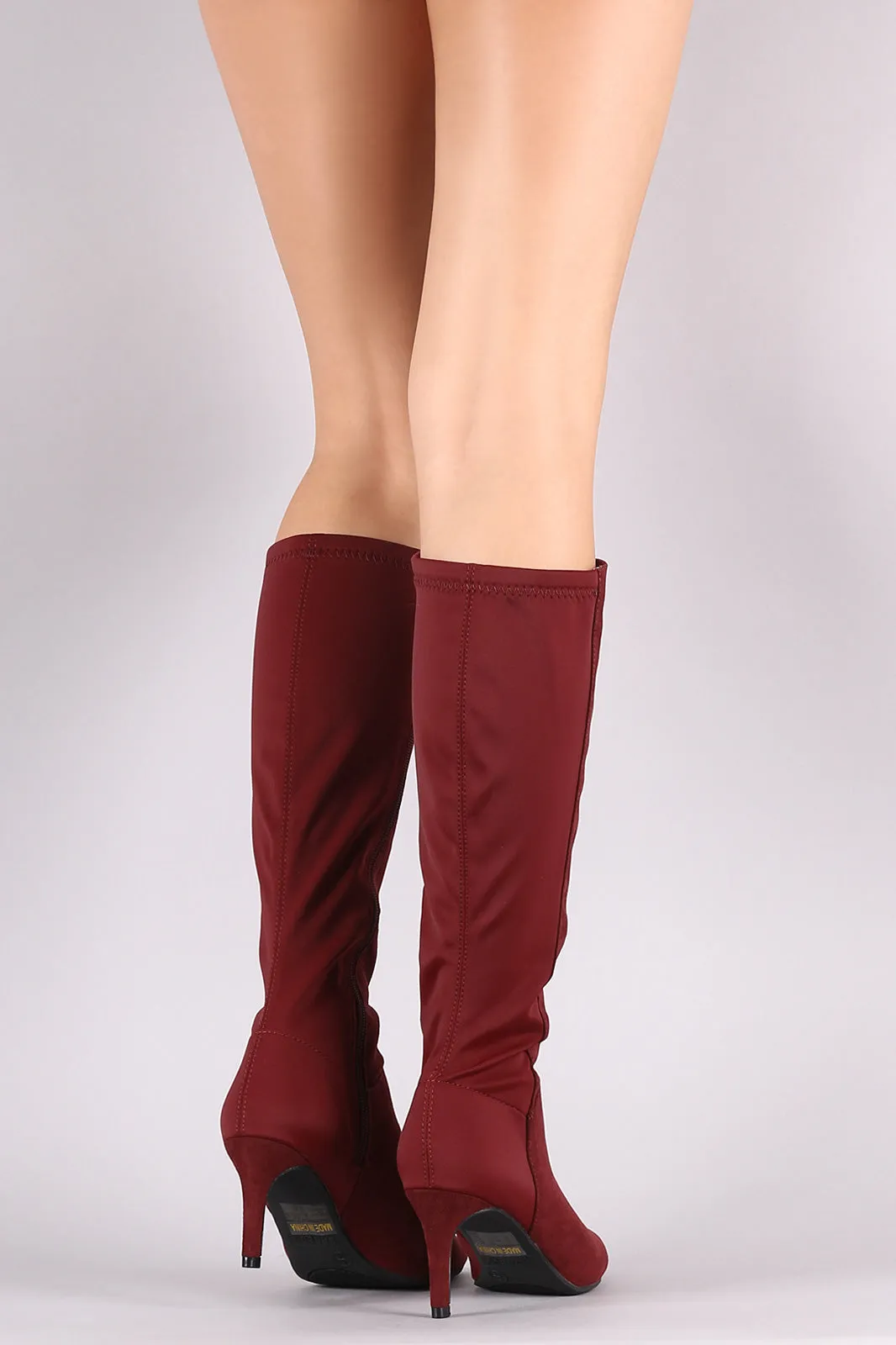 Bamboo Pointy Toe Kitten Heeled Knee High Boots