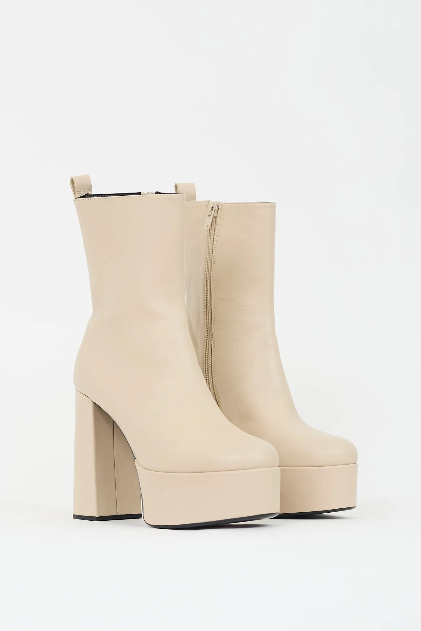 Beige Leather Platform Heeled Boot