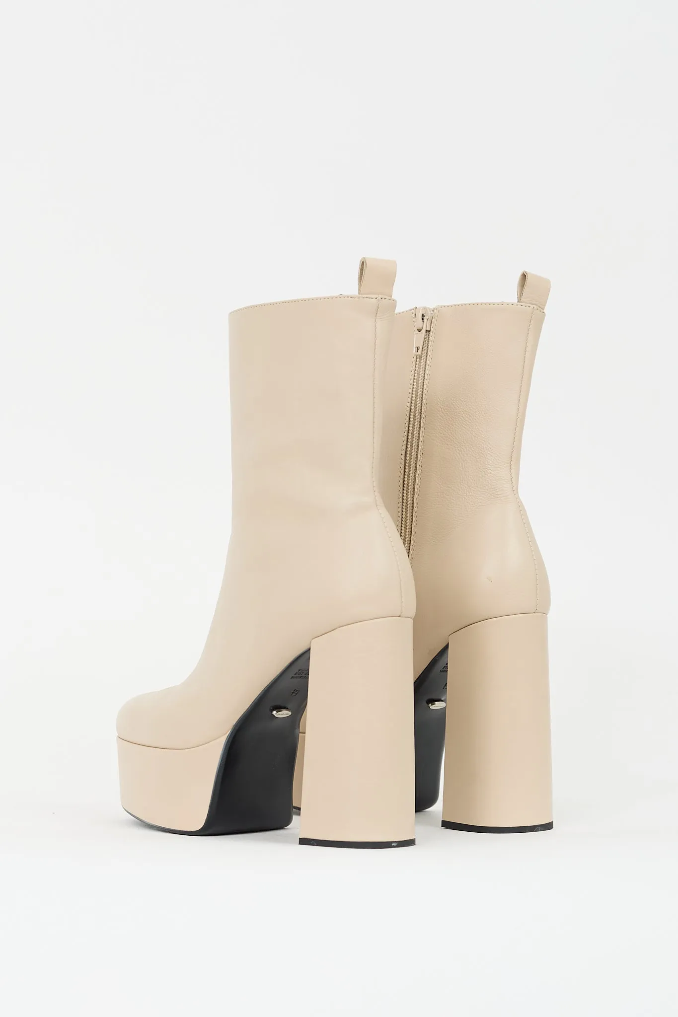 Beige Leather Platform Heeled Boot