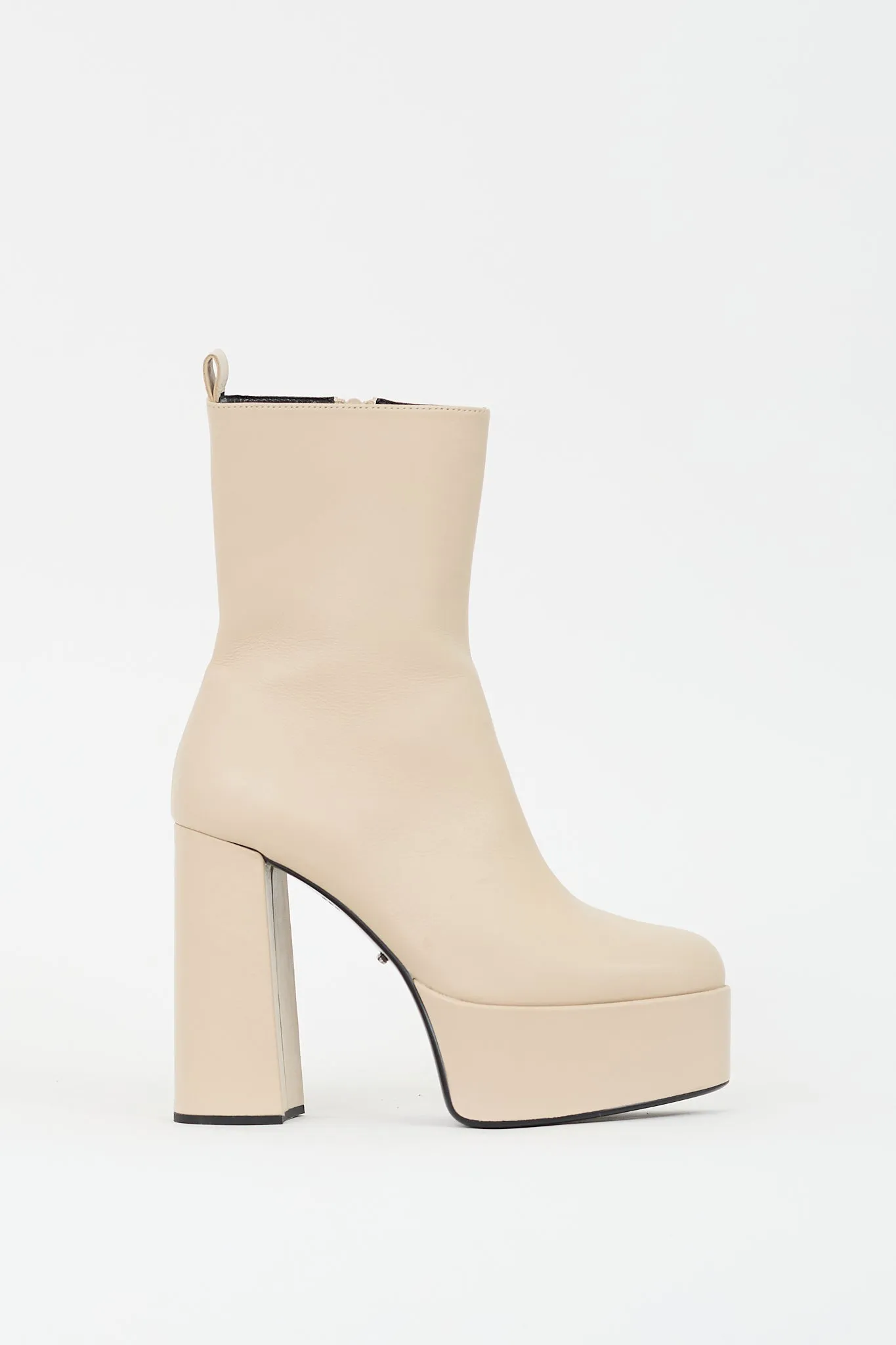 Beige Leather Platform Heeled Boot