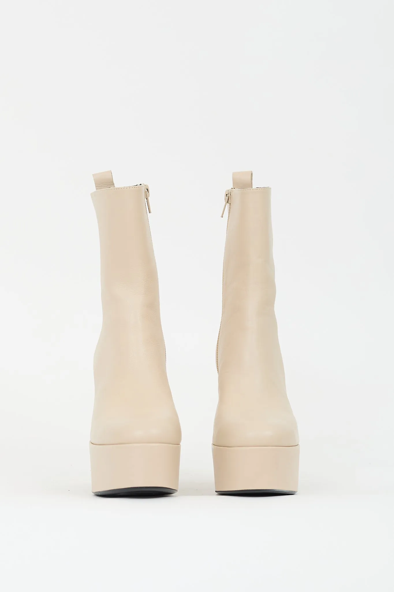 Beige Leather Platform Heeled Boot