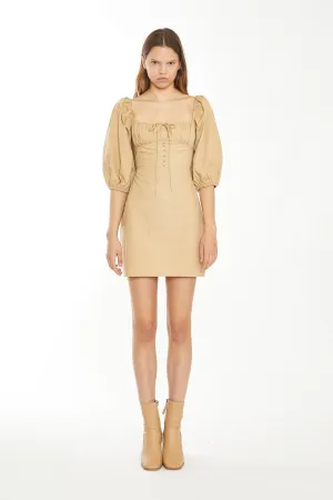 Beige Sand Puff Sleeve Mini-Dress