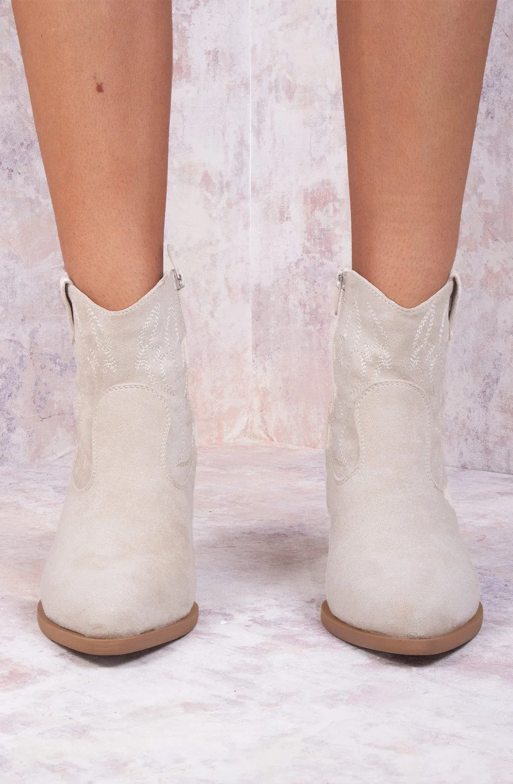 Beige Suede Cowboy Ankle Length Boots