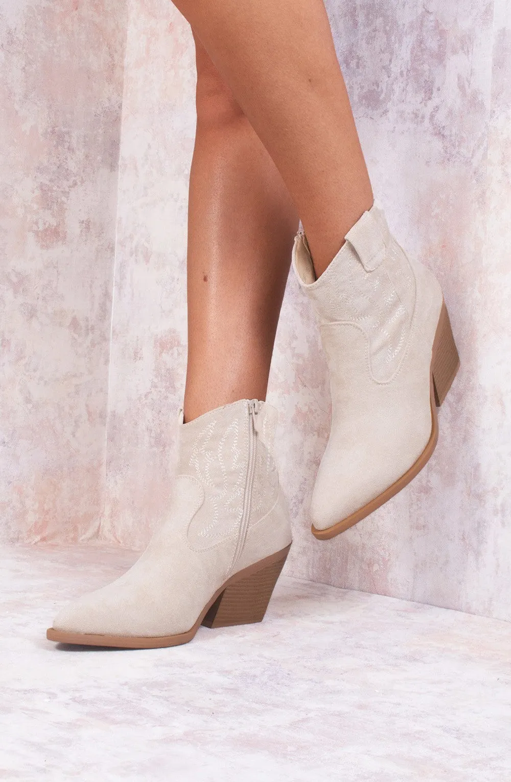 Beige Suede Cowboy Ankle Length Boots