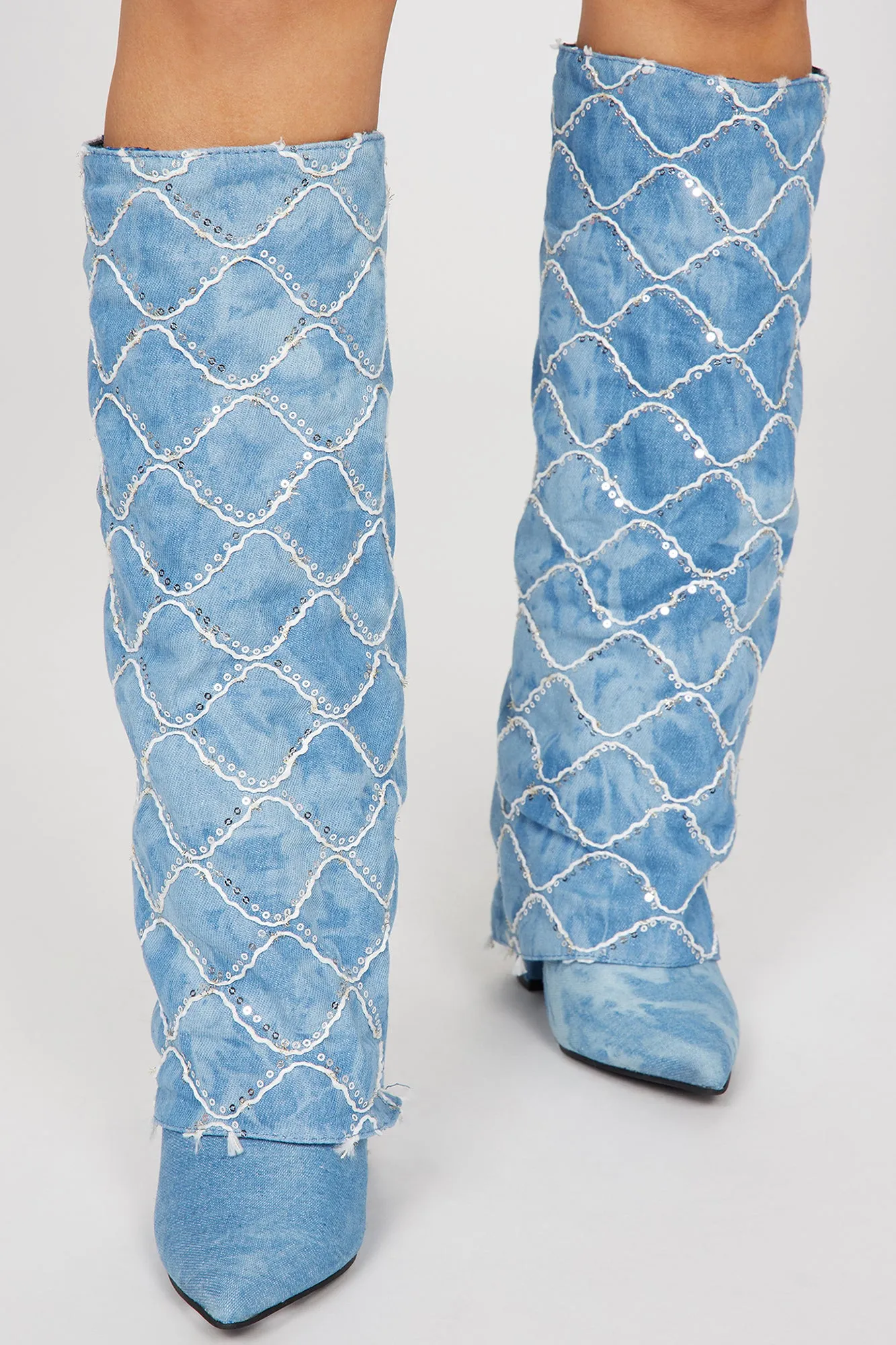 Big Confessions Knee High Heeled Boots - Denim