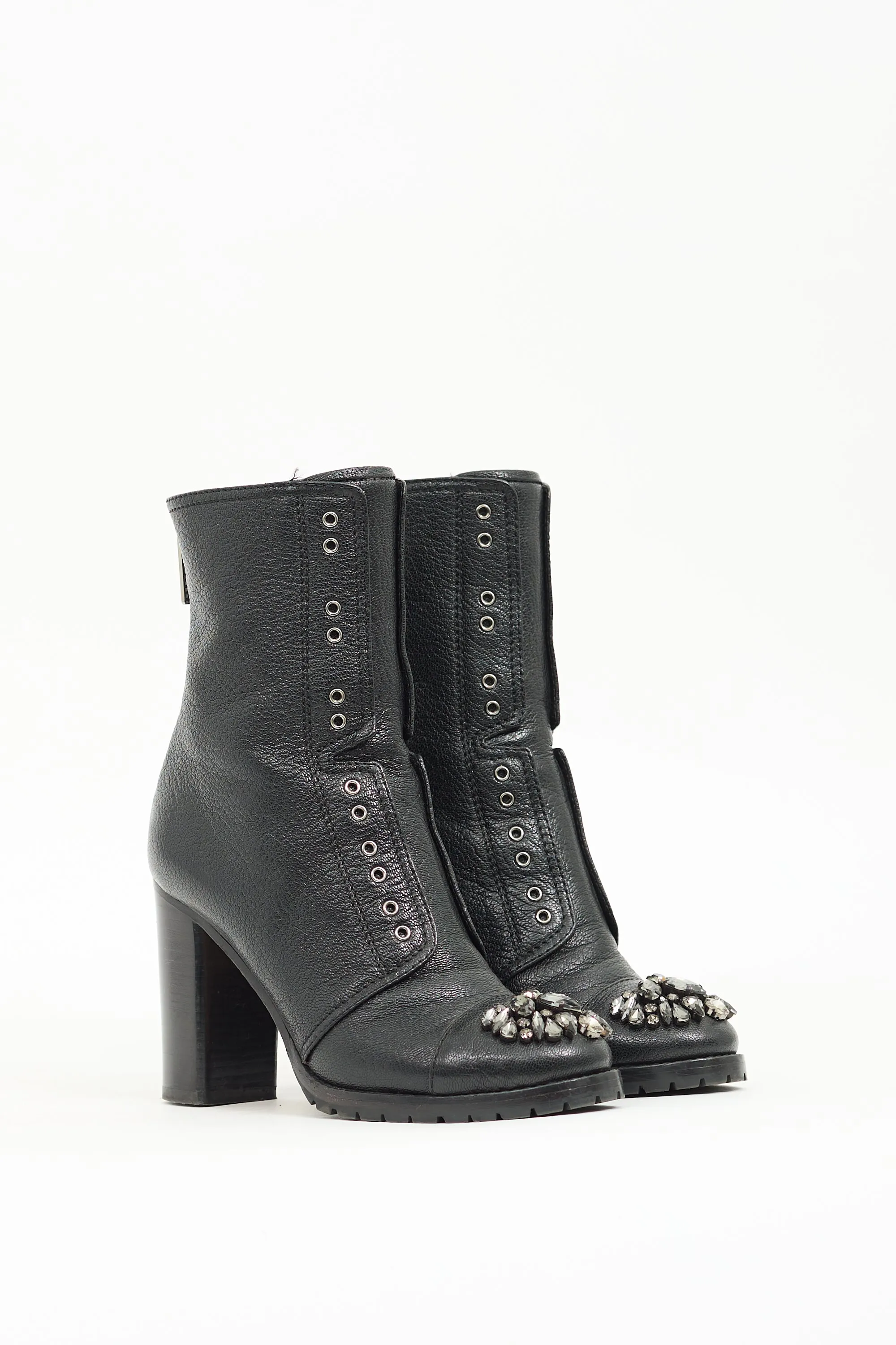 Black Leather Embellished Heeled Boot