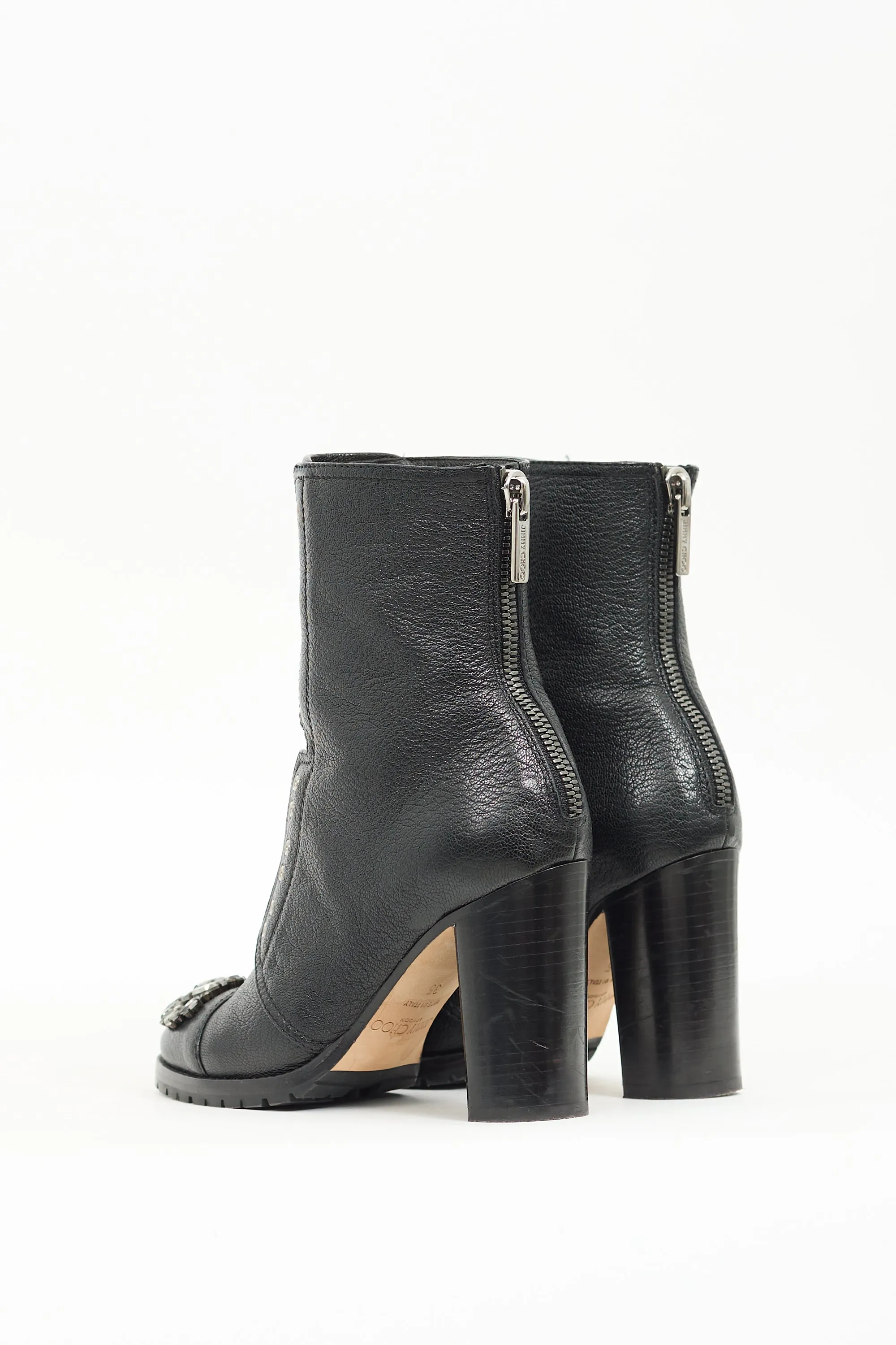 Black Leather Embellished Heeled Boot