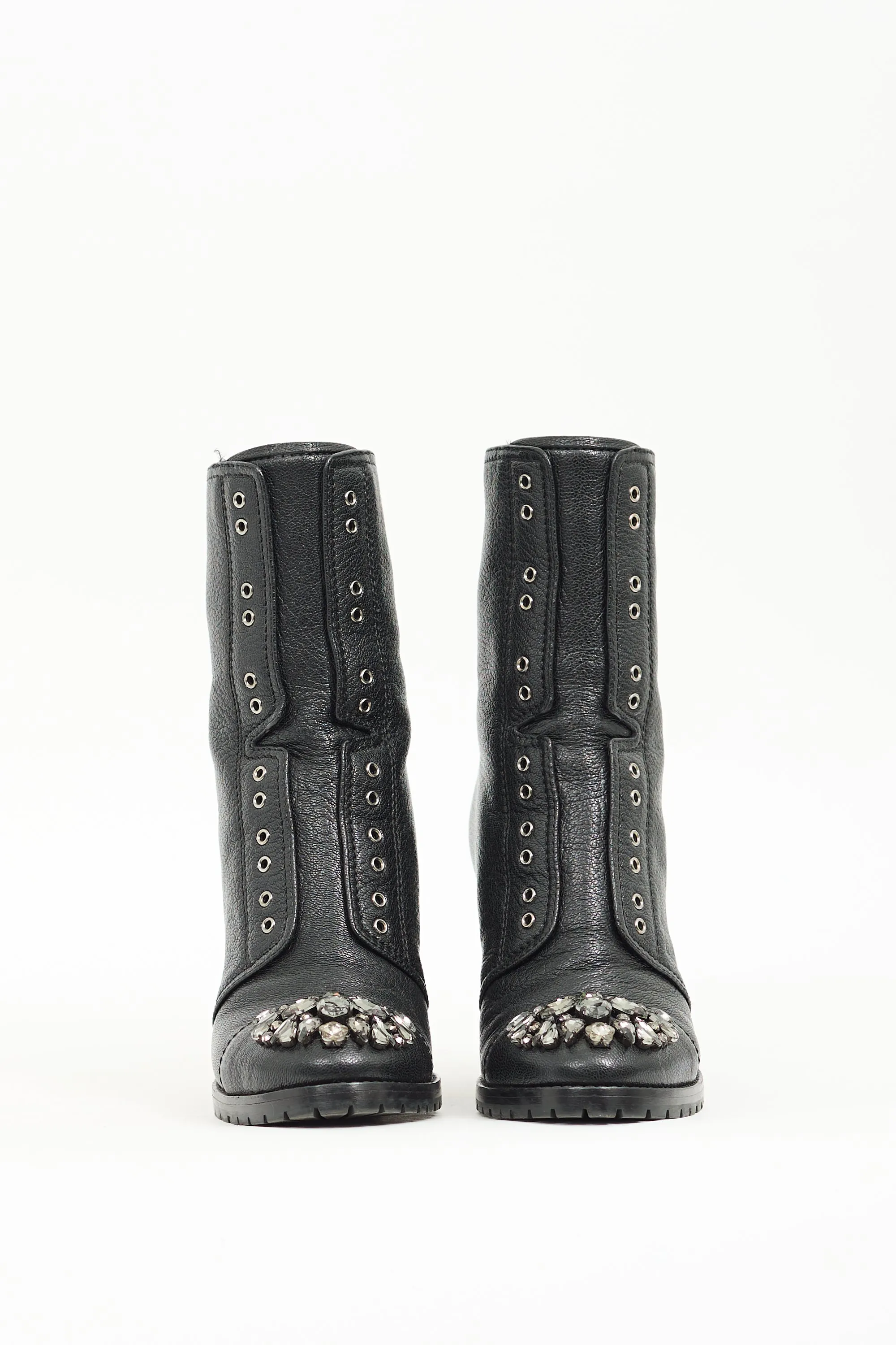 Black Leather Embellished Heeled Boot