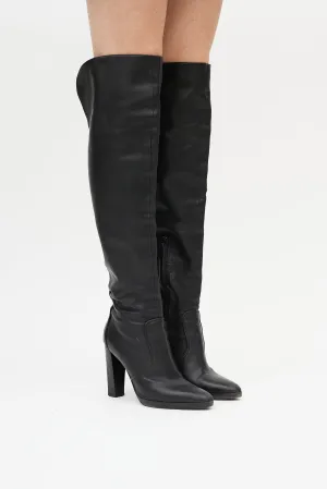 Black Leather Heeled Knee High Boot