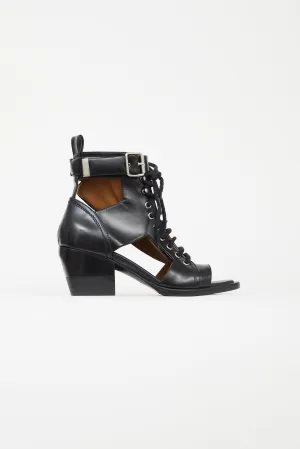 Black Leather Peep Toe Heeled Boot