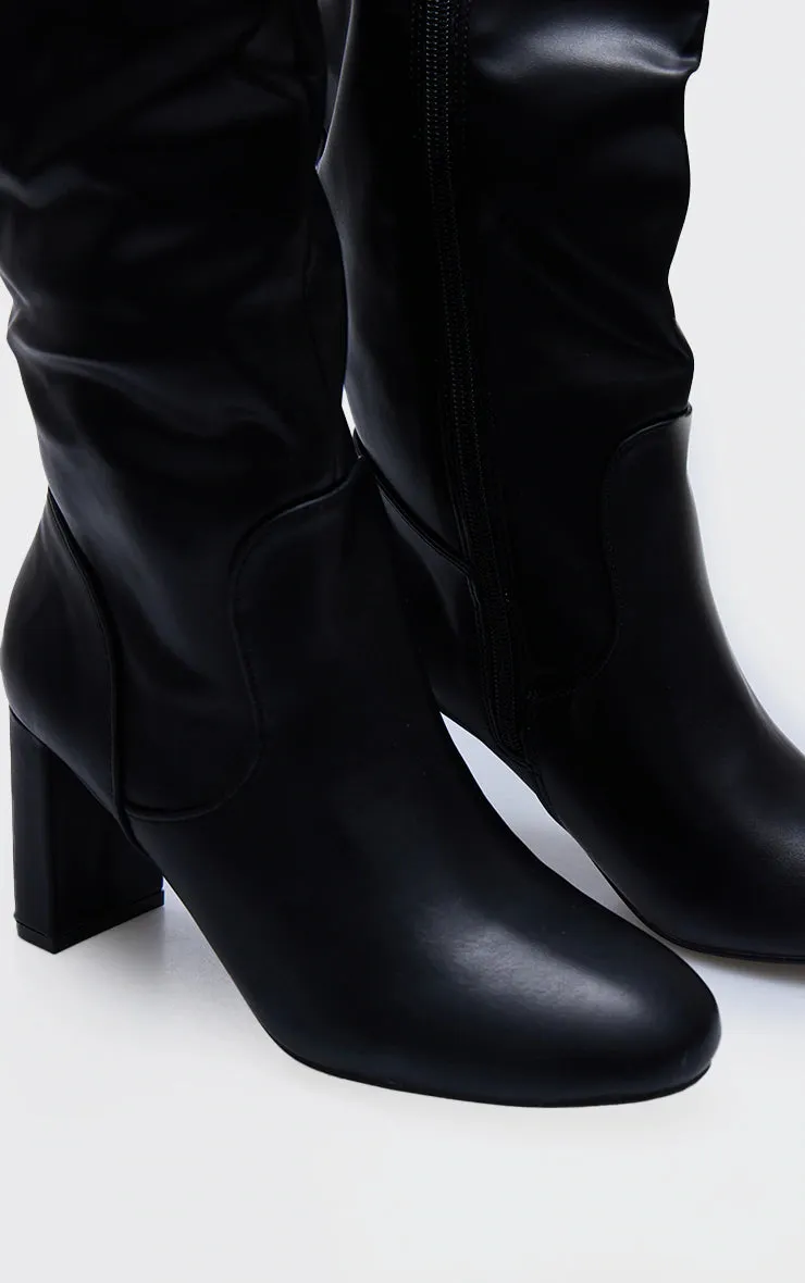 Black PU Round Toe Stitch Detail High Block Heeled Knee Boots