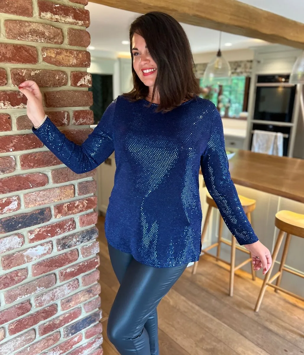 Blue Sparkle Cowl Back Tunic Top