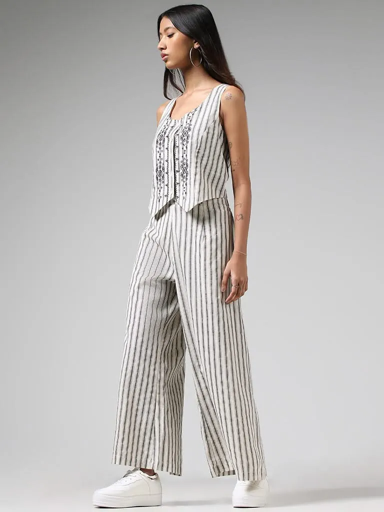 Bombay Paisley Off White Striped Wide-Leg Blended Linen Pants