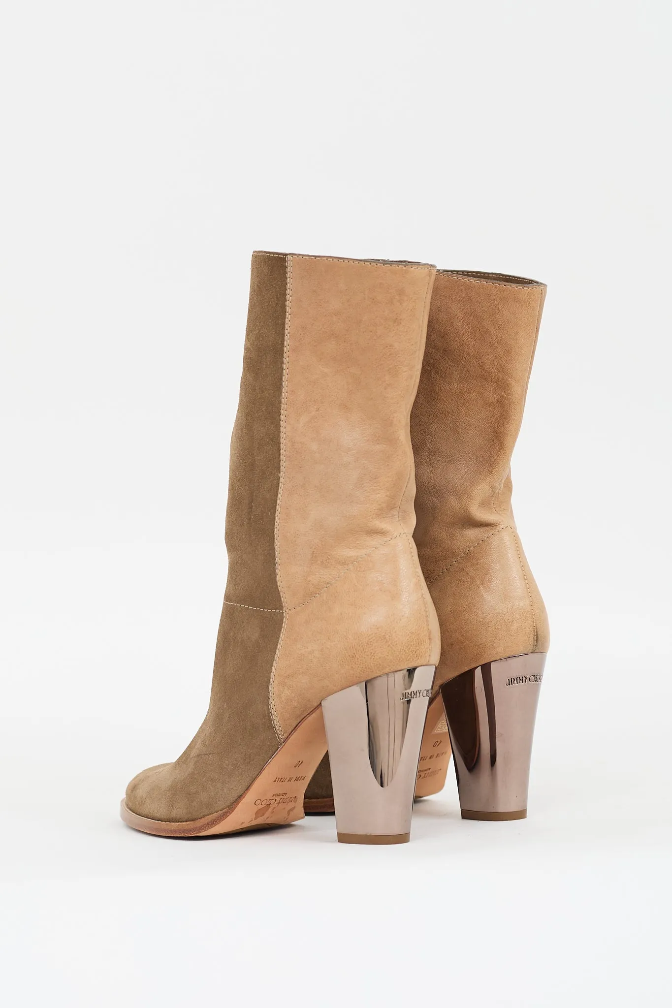 Brown Suede & Beige Leather Heeled Boot