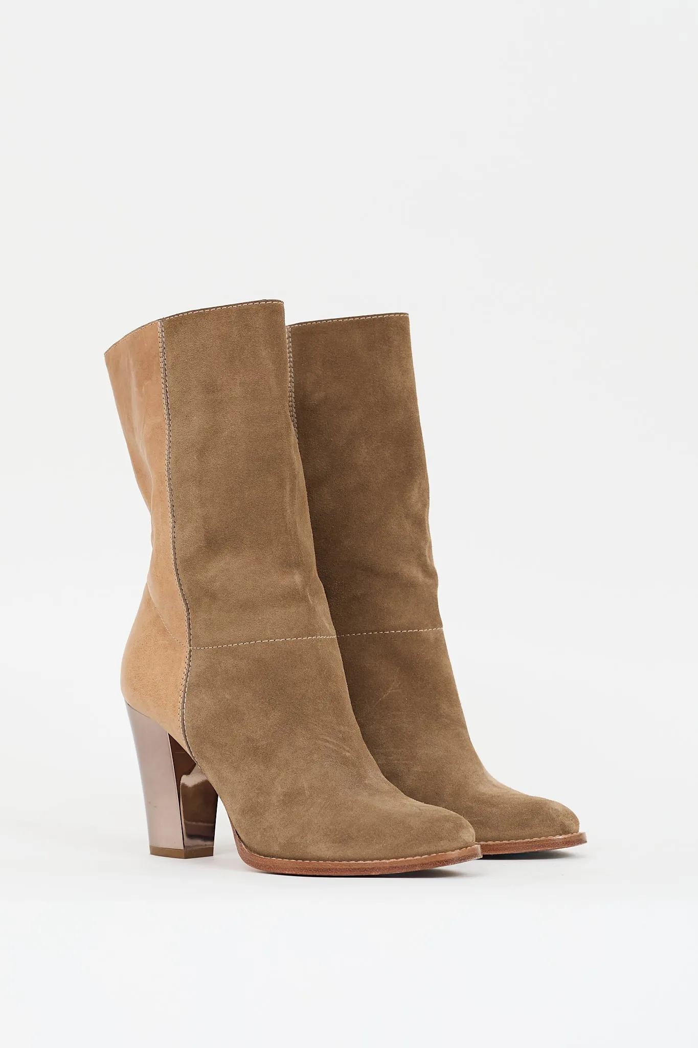 Brown Suede & Beige Leather Heeled Boot