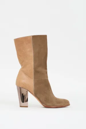 Brown Suede & Beige Leather Heeled Boot