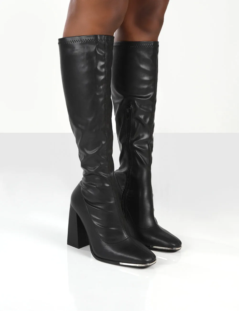 Caryn Black PU Knee High Block Heeled Boot