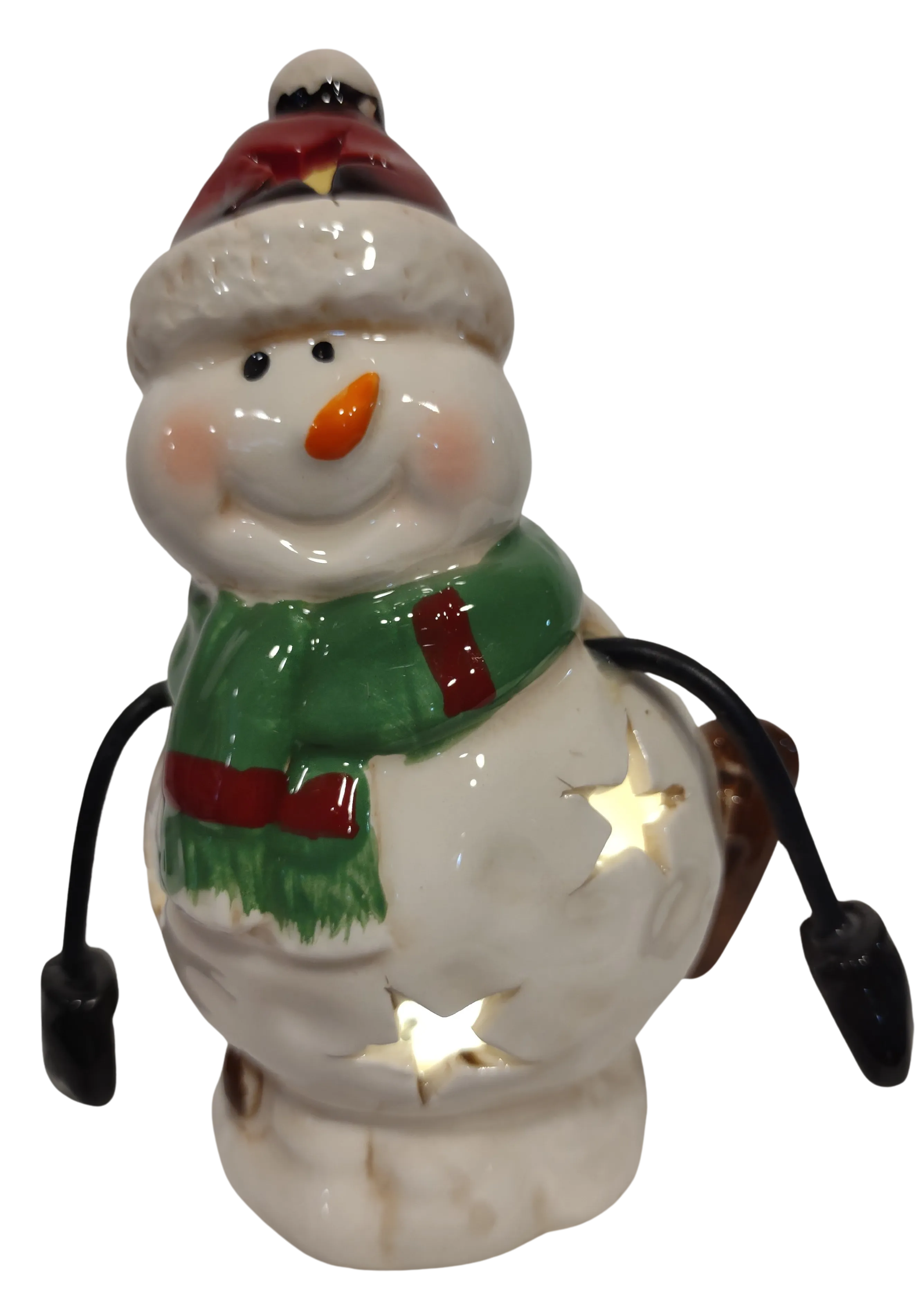 Ceramic Snowman with Red Hat/Green Scarf/Skates 6" Lights Up