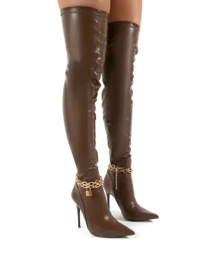 Cherri Chocolate Thigh High Padlock Chain Detail Stiletto Heeled Boots