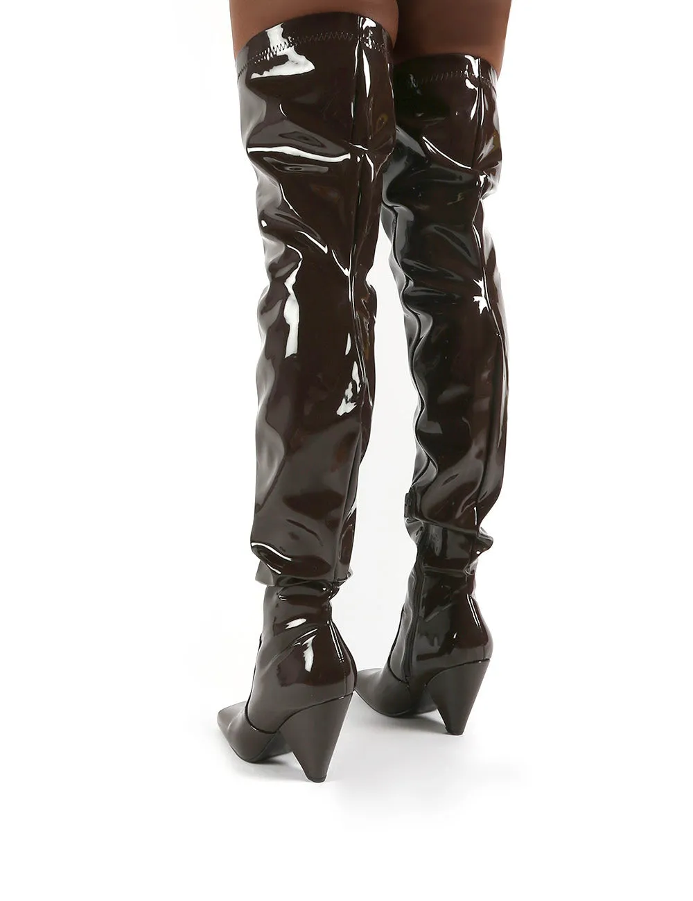 Conquer Chocolate Patent Thigh High Over The Knee Square Toe Cone Block Heeled Boots