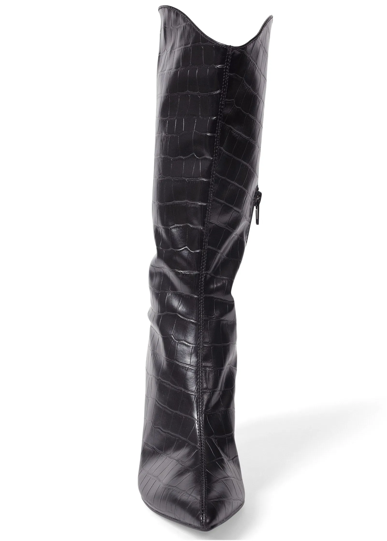 Croc Embossed Faux Leather Boots  - Black