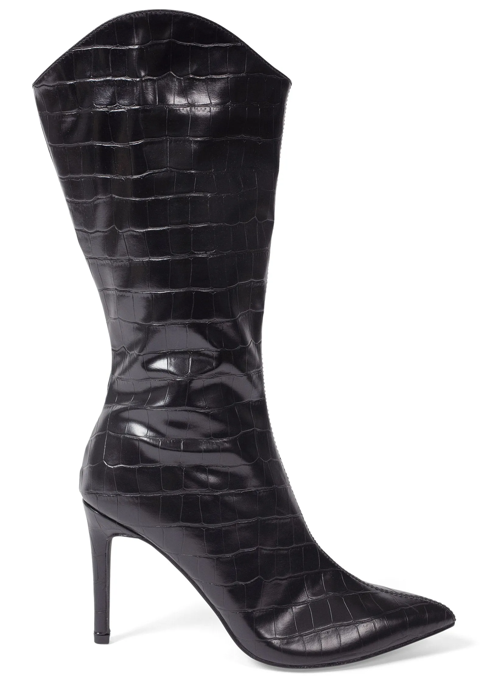 Croc Embossed Faux Leather Boots  - Black