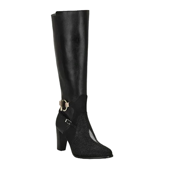 Cuadra Ladies Tall Stingray Leather Black Heeled Boots FC754