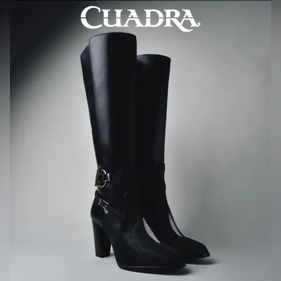 Cuadra Ladies Tall Stingray Leather Black Heeled Boots FC754