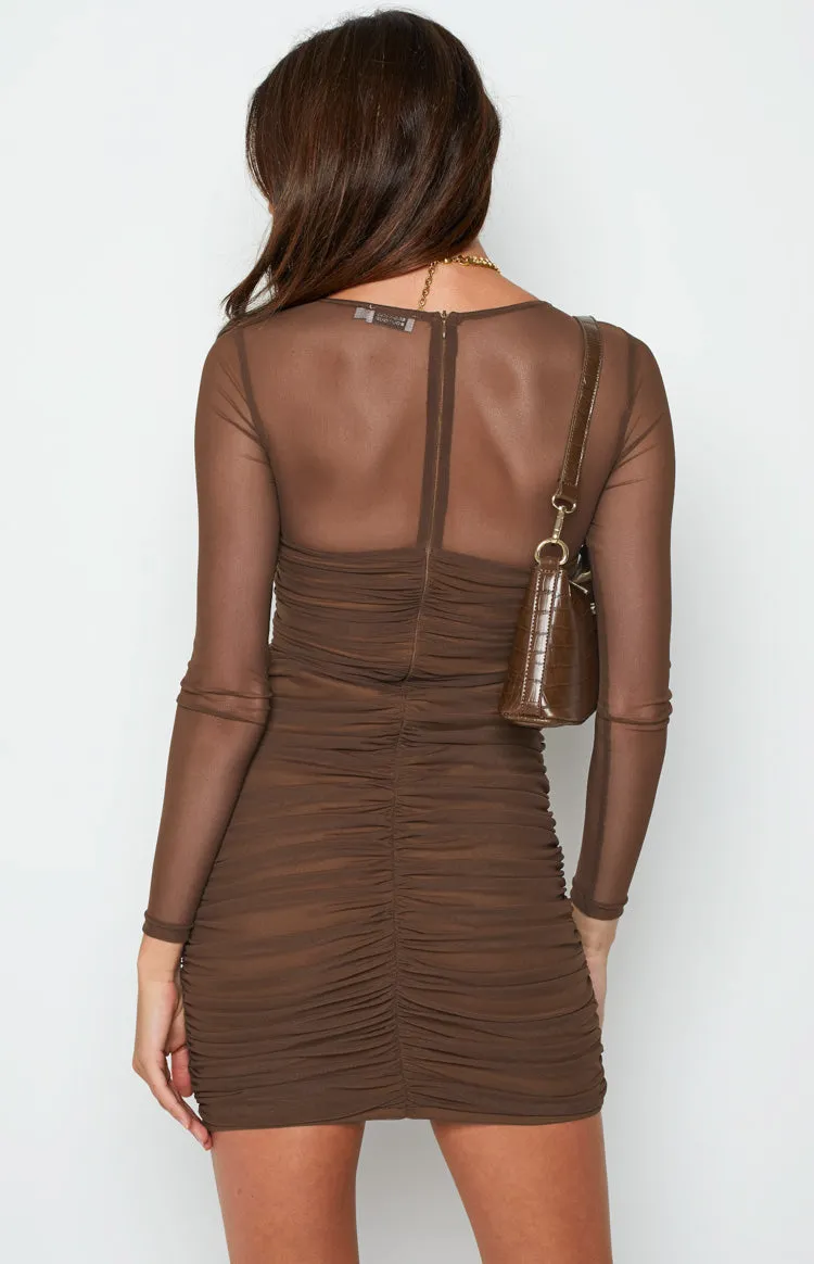 Estee Long Sleeve Mesh Party Dress Brown