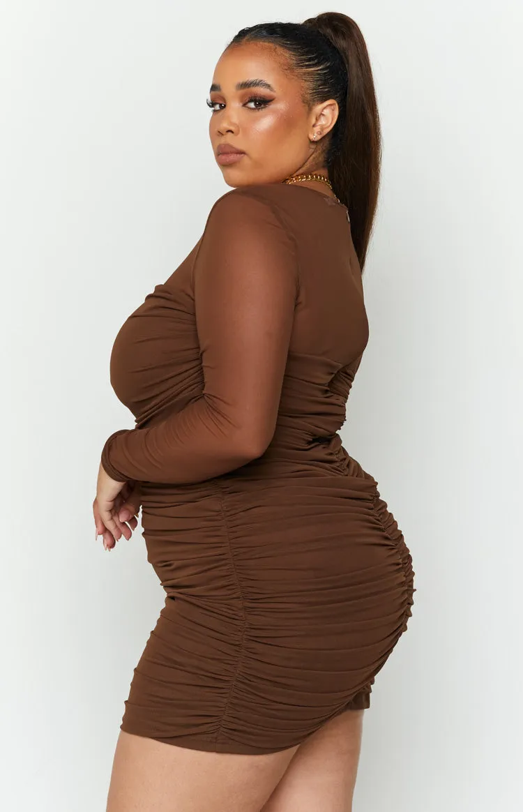 Estee Long Sleeve Mesh Party Dress Brown