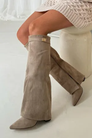 Harley beige suede knee high fold over heel boots