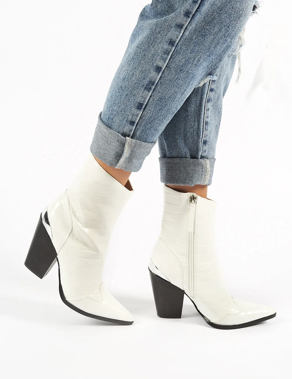 Heidi White Croc Block Heeled Western Ankle Boots