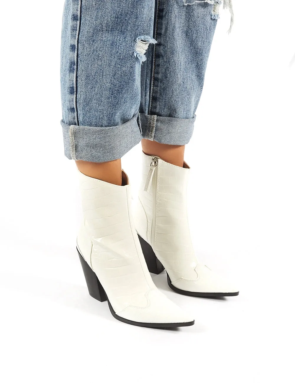 Heidi White Croc Block Heeled Western Ankle Boots