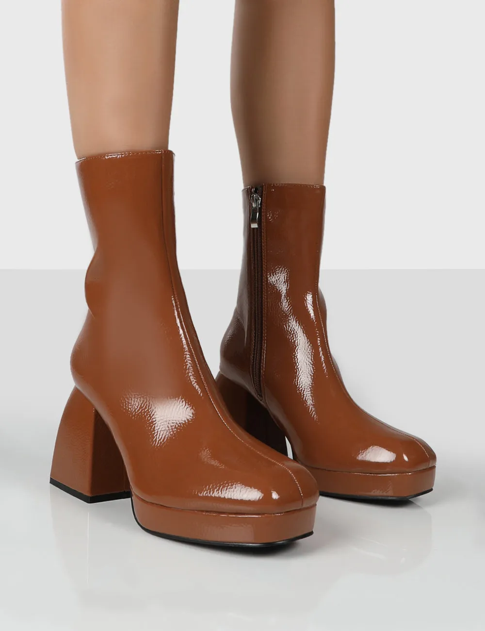 Imagine Camel Patent Chunky Heel Ankle Boots