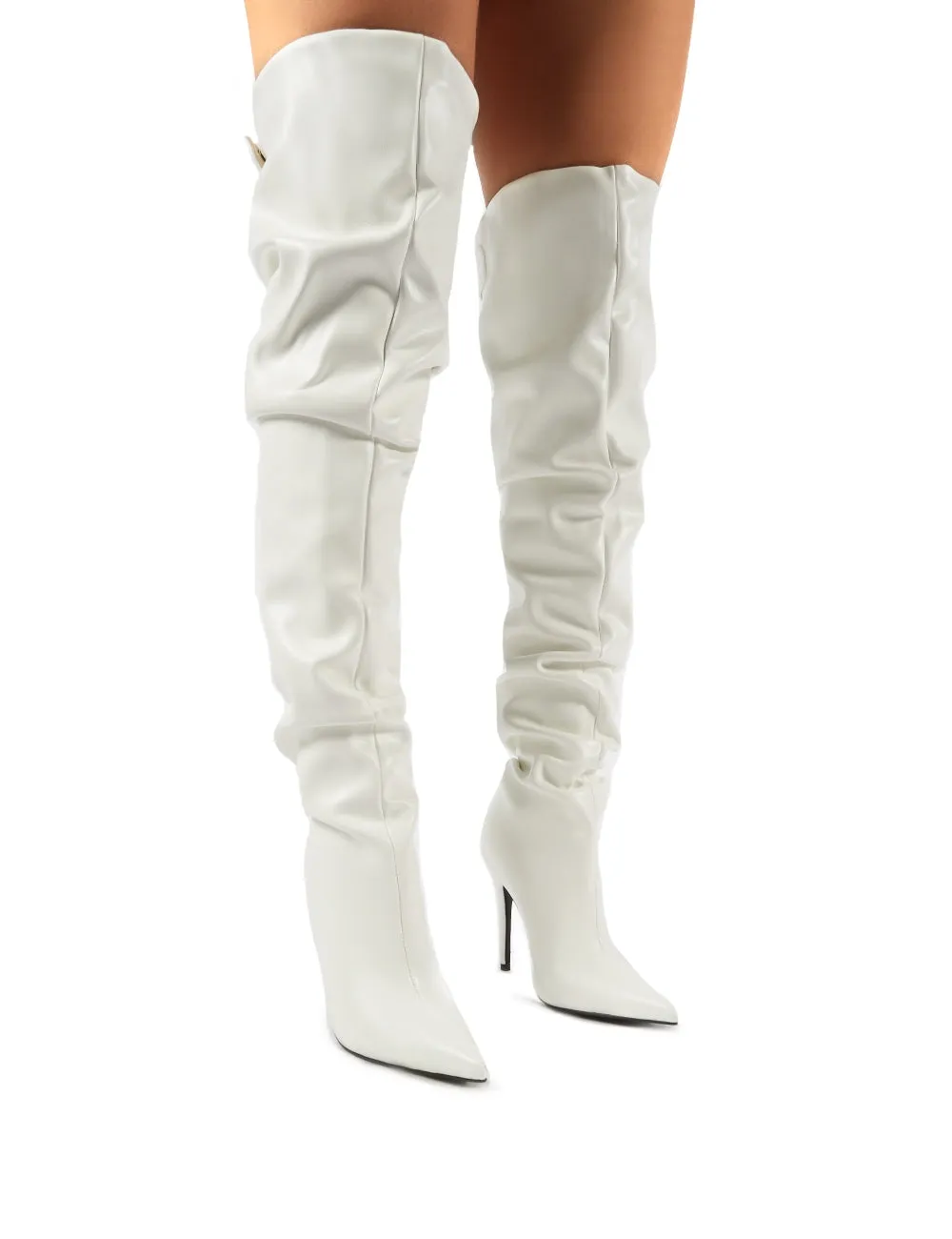 Impulse White PU Slouch Stiletto Heeled Over the Knee Boots