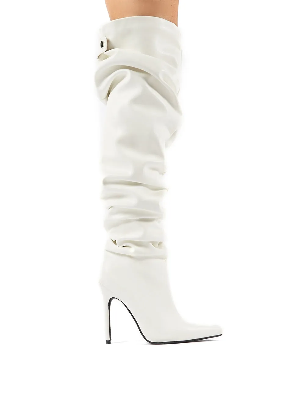 Impulse White PU Slouch Stiletto Heeled Over the Knee Boots