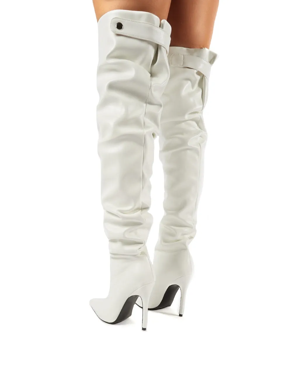 Impulse White PU Slouch Stiletto Heeled Over the Knee Boots